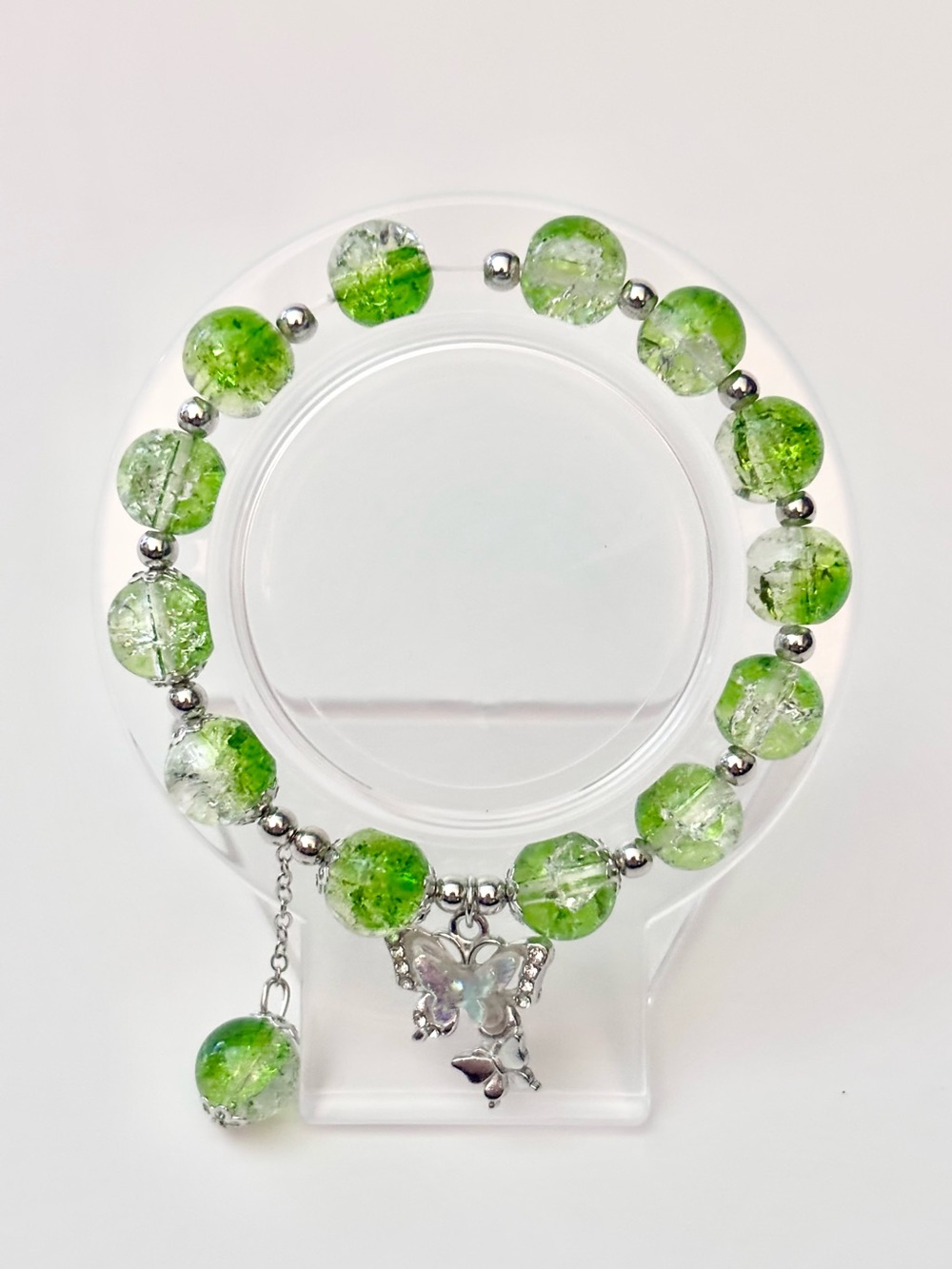 Handmade Green Beaded Butterfly Charm Bracelet